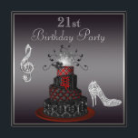 Disco Diva Cake, Silver Heels 21st Birthday Kaart<br><div class="desc">De viering van de 21e verjaardag van vrouwen met glamoureuze zwarte , zilveren en rode 21e verjaardag uitnodigingen met het zilveren gedrukte rhinestones juwelen met hoge hakken stiletto schoenen met sparkles, een prachtige rode en zwarte girale diva cake met een funky zilverkleurige spiegel, bloemen, roldiamanten en het stropdas van het...</div>