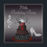 Disco Diva Cake, Silver Heels 70th Birthday Kaart<br><div class="desc">De 70e verjaardag van de vrouw wordt gevierd met het zilveren gedrukte rhinestones juwelen met hoge hakken stiletto-schoenen met sparkles, een prachtige rode en zwarte girale diva cake met een funky zilverkleurige spiegel, bloemen, brokdiamanten en stropdas van het kookstel en geprinte zilverkleurige neushoorntjes glitter een muzieknoot. Deze elegante funky mode...</div>