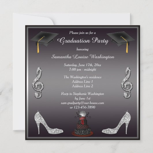 Disco Diva Cake, Silver Heels Graduation Party Kaart (Achterkant)