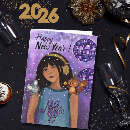 Disco Diva Whimsical Music Girls Happy New Year  Feestdagen Kaart