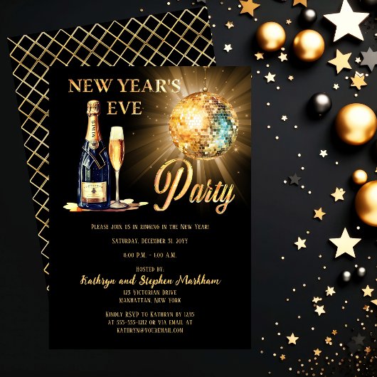 Disco en Champagne Zwart Goud New Years Eve Party Kaart