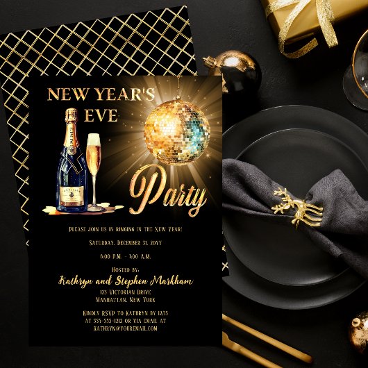 Disco en Champagne Zwart Goud New Years Eve Party Kaart