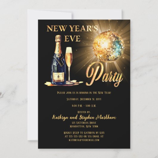 Disco en Champagne Zwart Goud New Years Eve Party Kaart (Voorkant)
