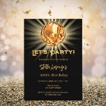 Disco feest zwart goud 50e verjaardag kaart<br><div class="desc">Een 50ste feestuitnodiging. Een zwarte achtergrond versierd met een gouden discobal. Tekst: Laten we feesten! Personaliseer en voeg een naam en feestdetails toe. De naam is geschreven met een handgeschreven stylescript.</div>