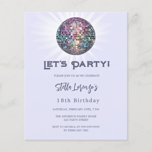 Disco feestlavendel violette verjaardagsuitnodigin (Voorkant)