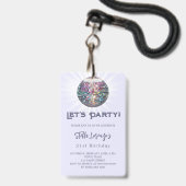 Disco feestlavendel violette verjaardagsuitnodigin badge (Voorzijde met lanyard)