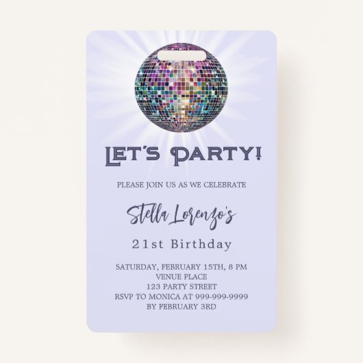 Disco feestlavendel violette verjaardagsuitnodigin badge (Voorkant)