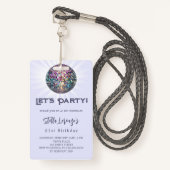 Disco feestlavendel violette verjaardagsuitnodigin badge (Voorkant met draagriem)