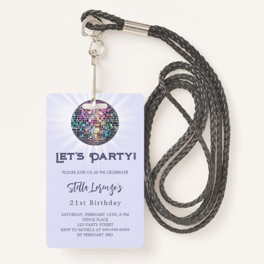 Disco feestlavendel violette verjaardagsuitnodigin badge (Voorkant met draagriem)