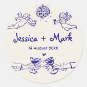 Disco Funky Hand Getekende Bruiloft Ronde Sticker (Voorkant)