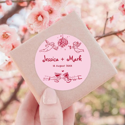 Disco Funky Hand Getekende Bruiloft Ronde Sticker