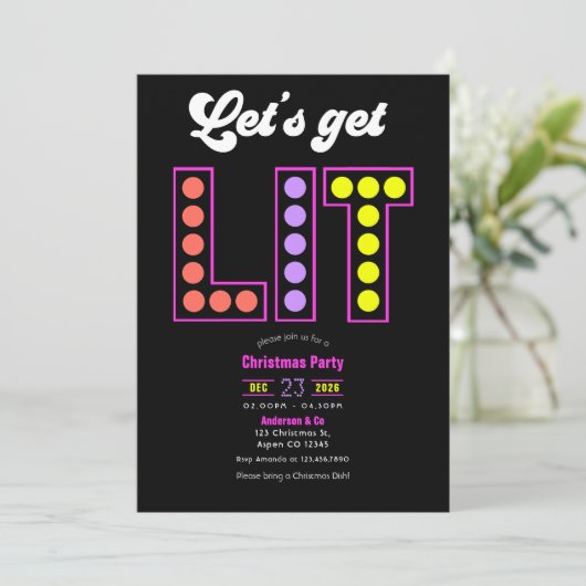 Disco Garland Let's Get Lit Retro Christmas Party Kaart (Staand voorkant)