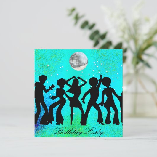 Disco geboorteparty uitnodiging in het turkoois (Staand voorkant)