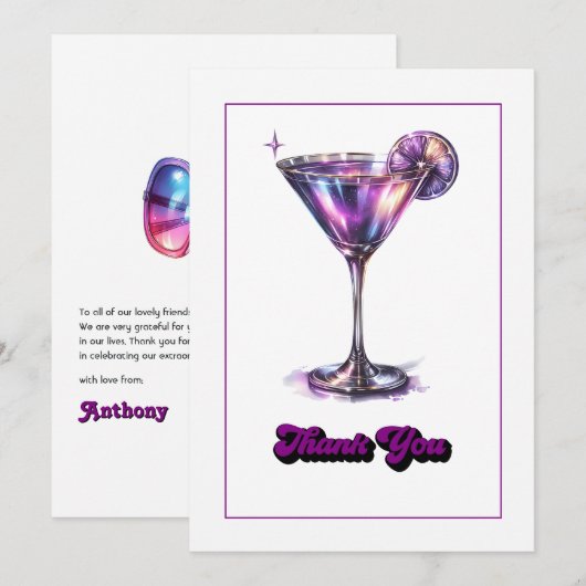 Disco Glam Retro Martini Galaxy Glas Ontwerp Bedankkaart (Voorkant / Achterkant)