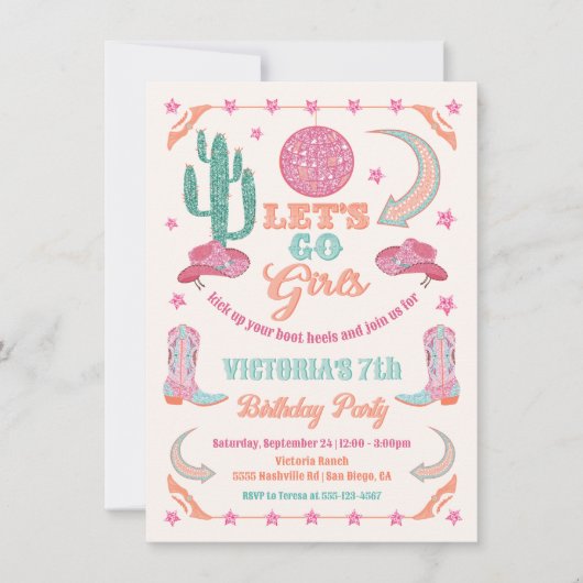 Disco Glitter Cowgirl Birthday Party Kaart (Voorkant)