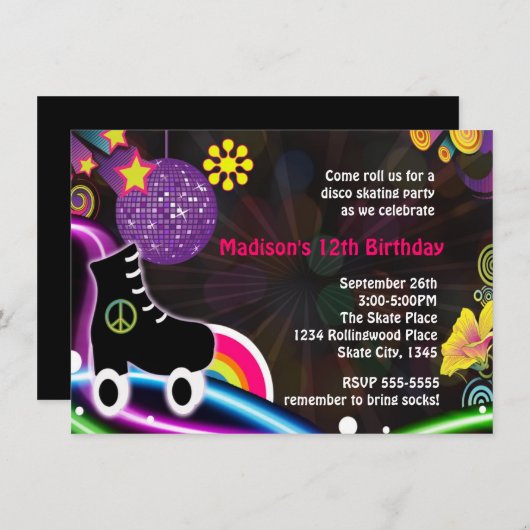 Disco Glow Roller Skating Schaats Party Invitation Kaart (Voorkant / Achterkant)