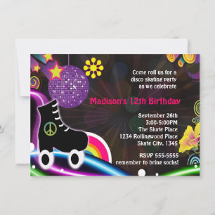 Disco Glow Roller Skating Schaats Party Invitation Kaart