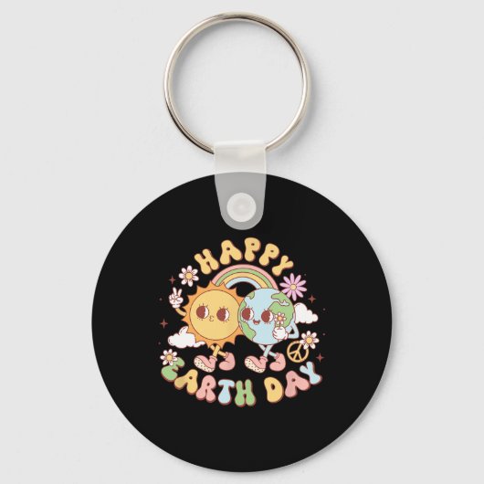 Disco Groovy Happy Earth Day Vrede Zon en Aarde Sleutelhanger (Voorkant)