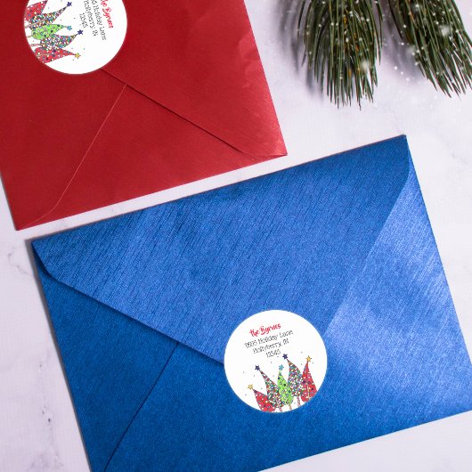Disco-kerstbomen, retouradres ronde sticker