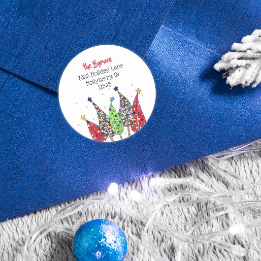 Disco-kerstbomen, retouradres ronde sticker