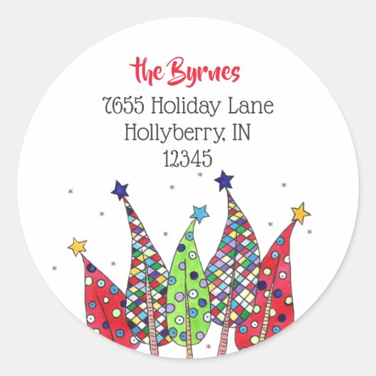 Disco-kerstbomen, retouradres ronde sticker (Voorkant)