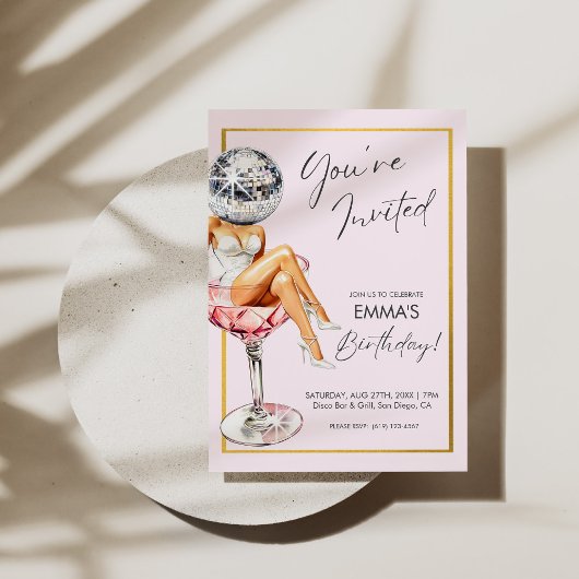 Disco Meisje in Cocktail Glas Verjaardag Uitnodige Kaart
