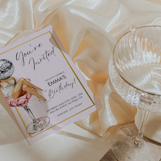 Disco Meisje in Cocktail Glas Verjaardag Uitnodige Kaart