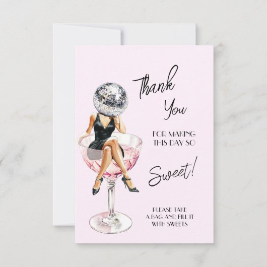 Disco meisje zittend op cocktail bedankkaart (Voorkant)