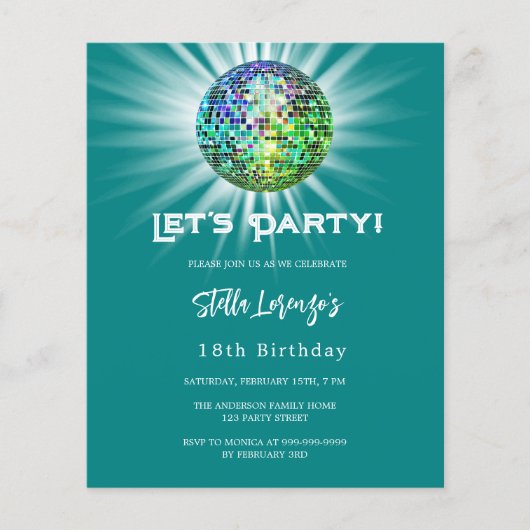 Disco party blauwgroen groene verjaardagsuitnodigi (Voorkant)