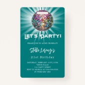 Disco party blauwgroen groene verjaardagsuitnodigi badge (Voorkant)