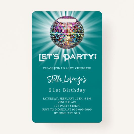 Disco party blauwgroen groene verjaardagsuitnodigi badge (Voorkant)