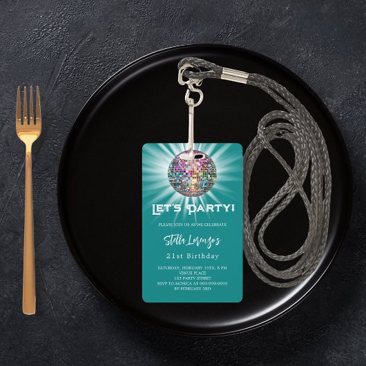 Disco party blauwgroen groene verjaardagsuitnodigi badge