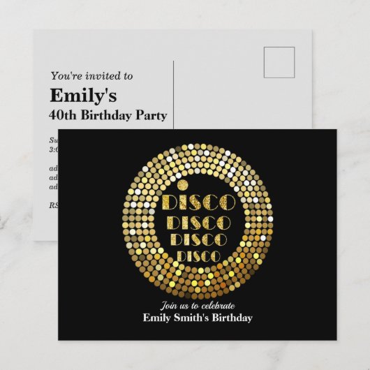 disco party dans party 70 ' s gouden disco ball in uitnodiging briefkaart (Voorkant / Achterkant)