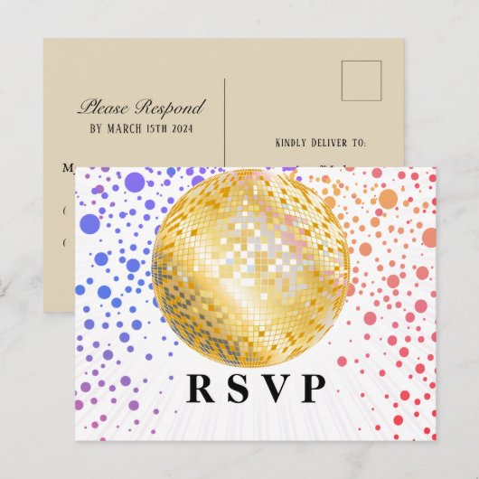 disco party dansfeest 70s gouden disco ball rsvp uitnodiging briefkaart (Voorkant / Achterkant)