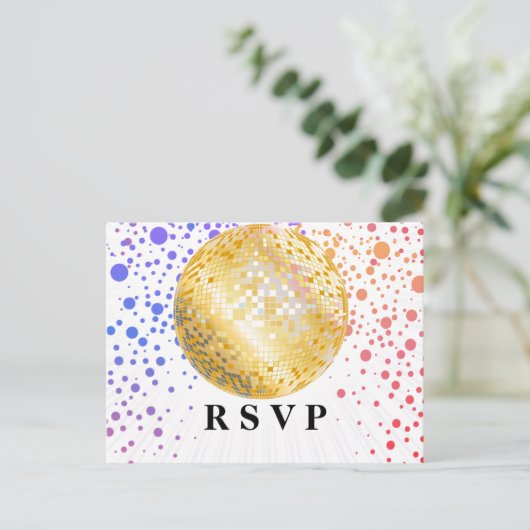 disco party dansfeest 70s gouden disco ball rsvp uitnodiging briefkaart (Staand voorkant)