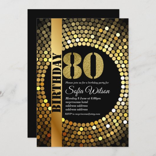 Disco party, goud, 70's, verjaardagsfeest kaart (Voorkant / Achterkant)