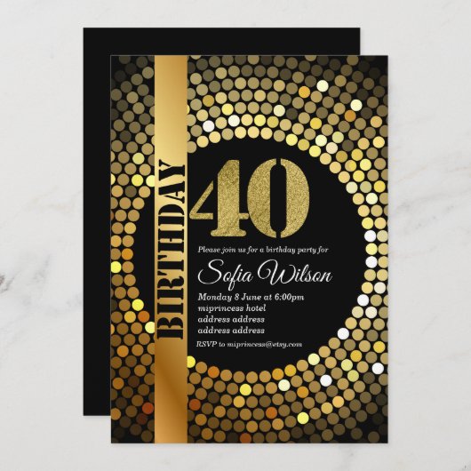 Disco party, goud, 70's, verjaardagsfeest kaart (Voorkant / Achterkant)