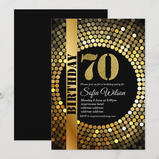 Disco party, goud, 70's, verjaardagsfeest kaart (Voorkant / Achterkant)