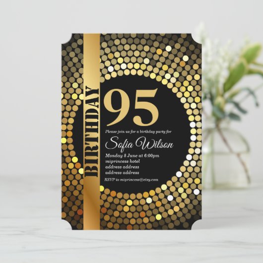 Disco party, goud, 95's, verjaardagsfeestuitnodigi kaart (Staand voorkant)