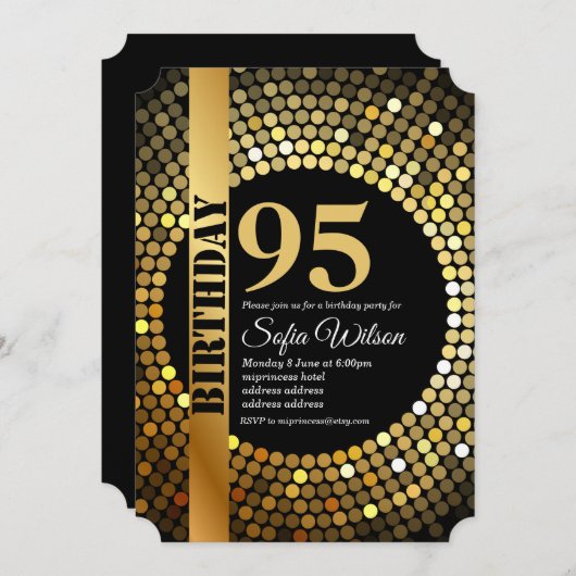Disco party, goud, 95's, verjaardagsfeestuitnodigi kaart (Voorkant / Achterkant)