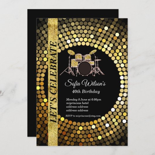 Disco party, goud, muziek, verjaardagsfeest kaart (Voorkant / Achterkant)