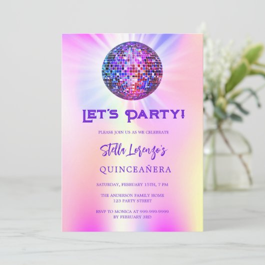 Disco party holografische Quinceanera Kaart (Staand voorkant)