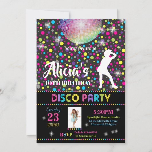 Disco Party Invitation Girl Dance Birthday Invite Kaart (Voorkant)