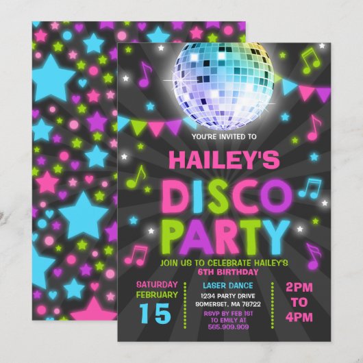 Disco Party Invitation Glow Disco Party nodigt uit Kaart (Voorkant / Achterkant)
