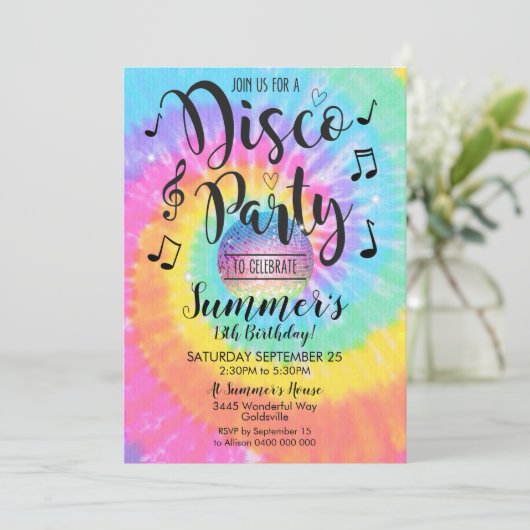 Disco Party Invitation Tie Dye Disco Kaart (Staand voorkant)