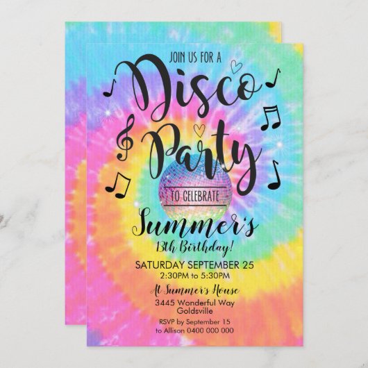 Disco Party Invitation Tie Dye Disco Kaart (Voorkant / Achterkant)