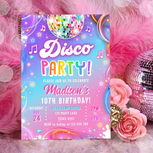 Disco Party Neon Retro Glow Crazy Girl Birthday Kaart