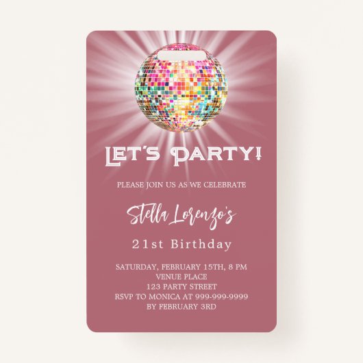 Disco party roos gouden verjaardagsuitnodiging badge (Voorkant)