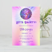 Disco party roze holografisch zoet 16 kaart (Staand voorkant)