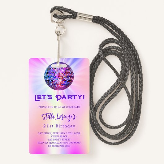 Disco party roze holografische verjaardag uitnodig badge (Voorkant met draagriem)